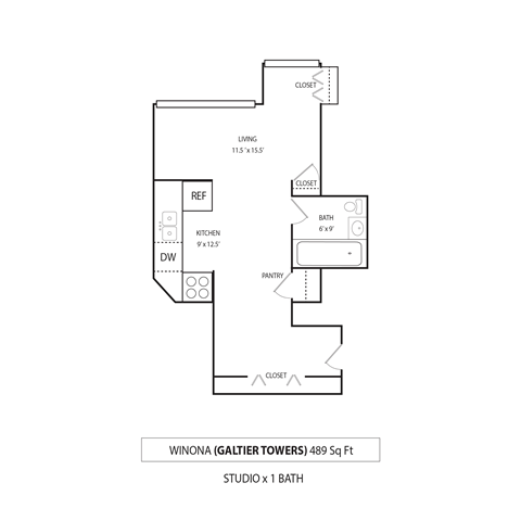 Floor plan for studio, 1 bath, 489 sqft